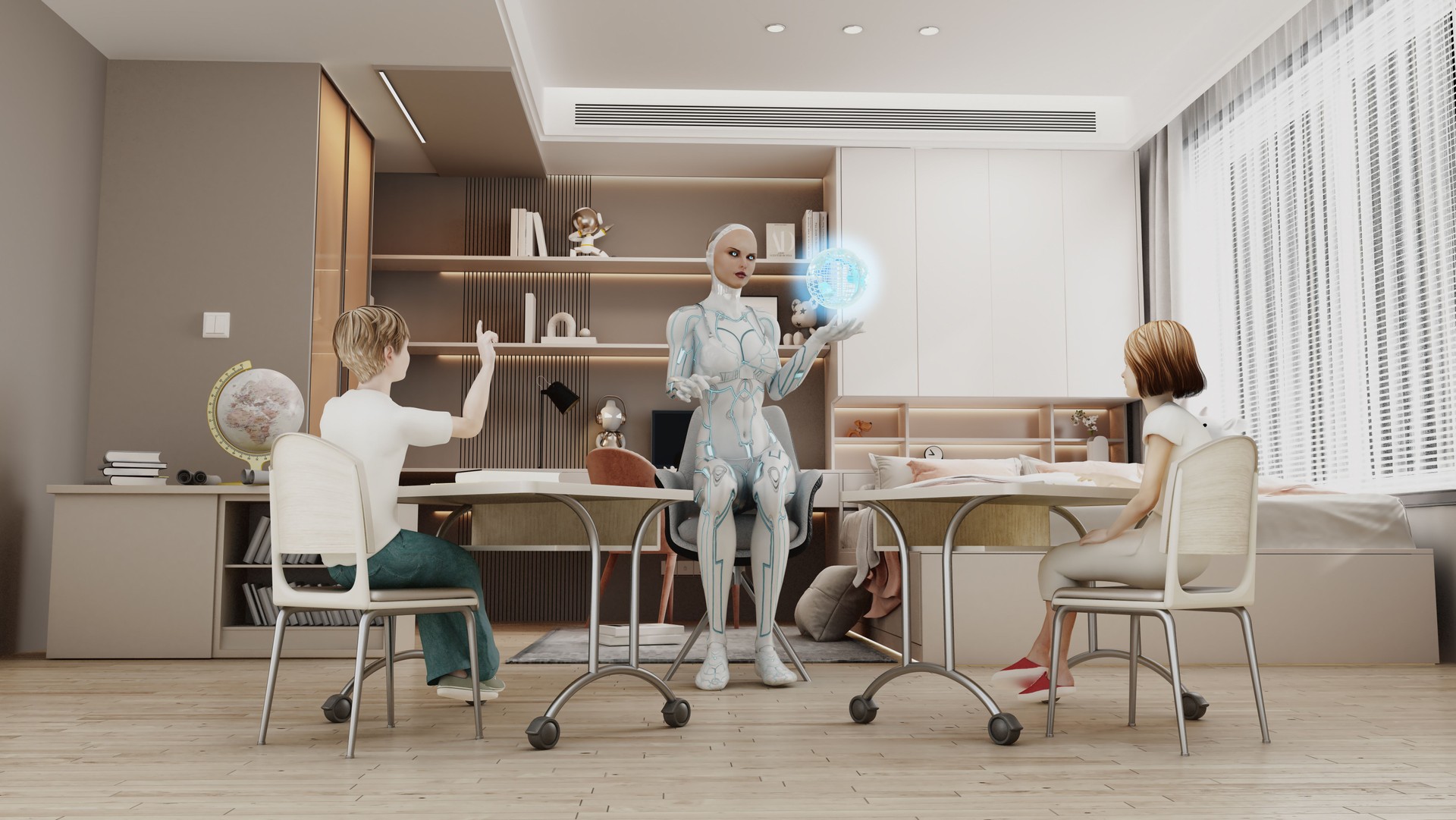 Female humanoid robot teaching kids in the room. Hi-tech robotics and homeschooling concept