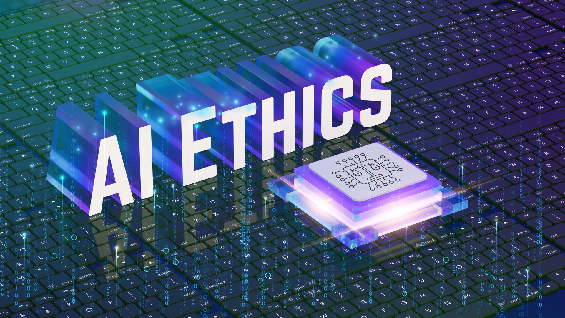 AI ethics, 3D text, neon blue and purple glow, computer chip, binary code background, holographic display, cyberpunk aesthetic, data visualization, artificial intelligence concept, glowing circuits, 3D render.